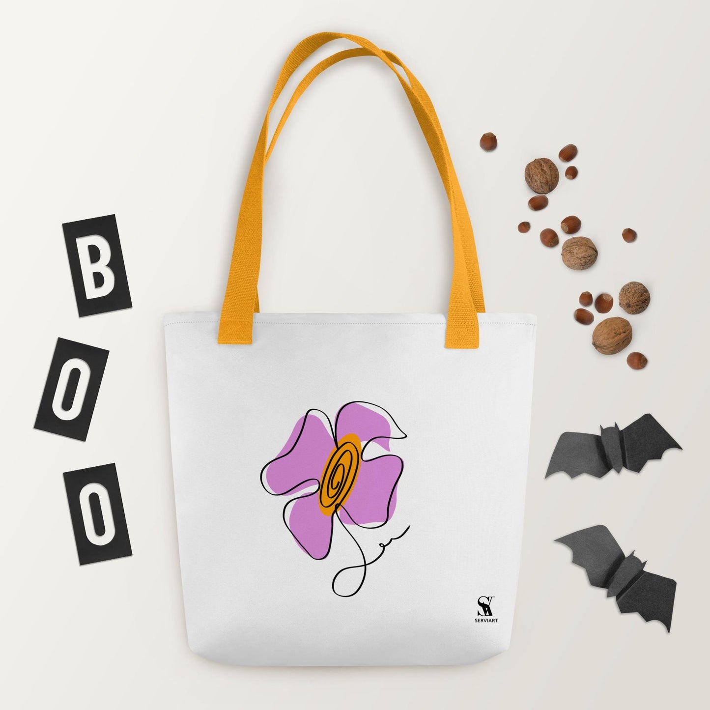 Bolsa de tela con un diseño de una flor minimalista