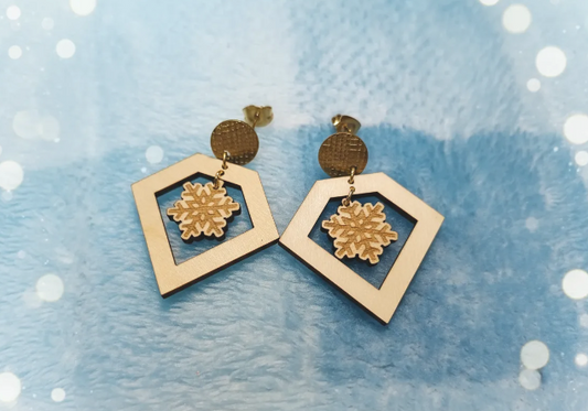 pendientes que tienen una decoracion muy elegante y estetica de un diamante y en su interior un copo de nieve perfectos para navidad