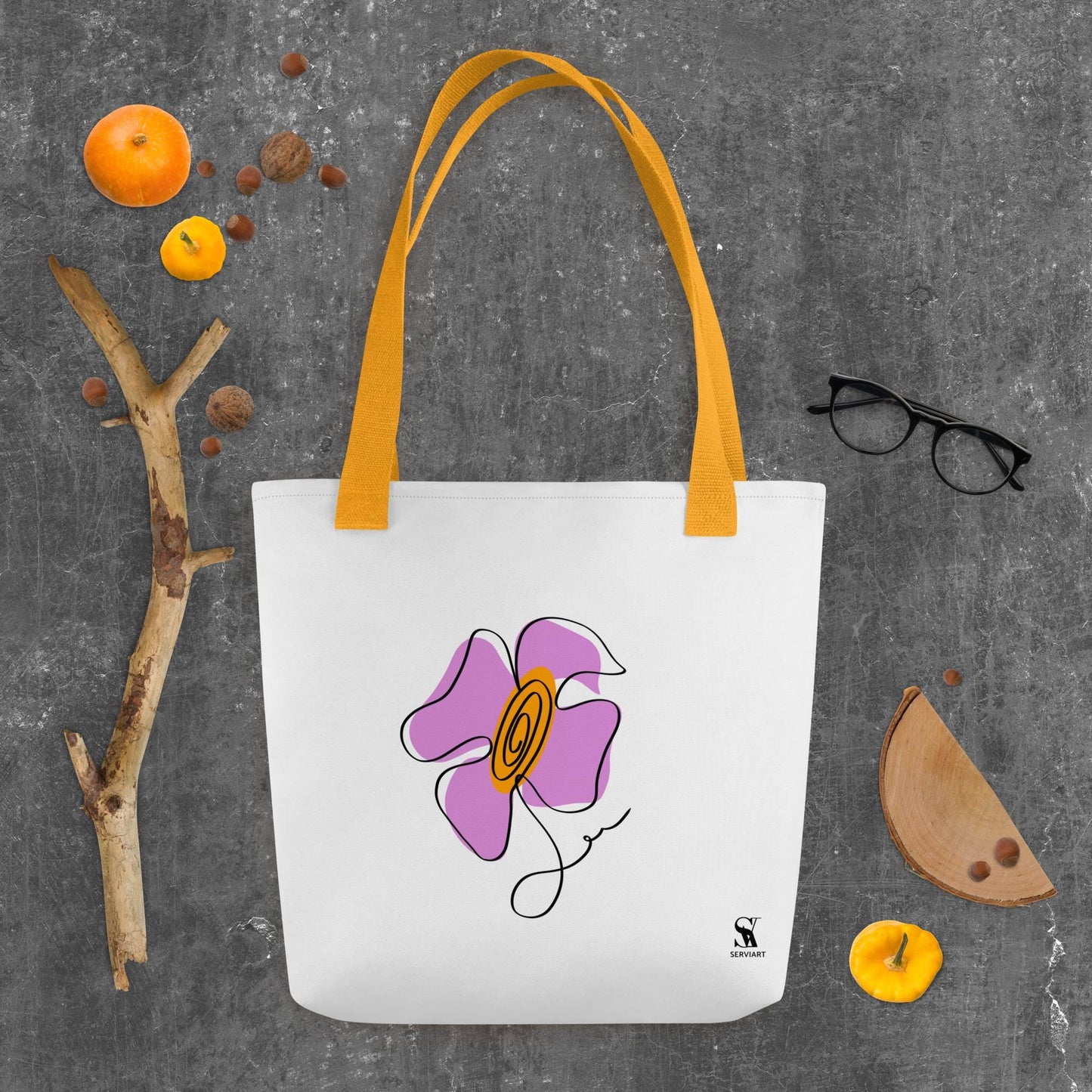 Bolsa de tela con un diseño de una flor minimalista