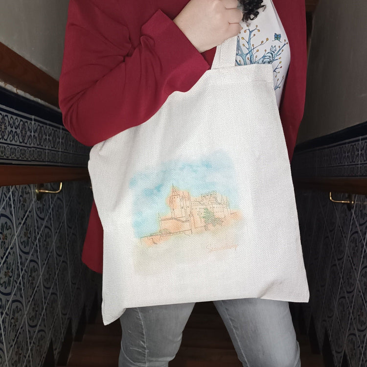 Bolsa de tela Segovia con Alma con Alcázar dibujado a mano, diseño original SerViArte