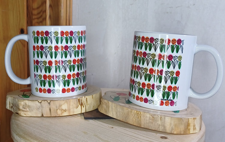 Pack Tulipanes edición Trama Viva tazas cerámica y posavasos madera SerViArte