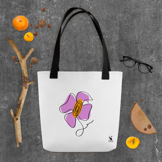 Bolsa de tela con un diseño de una flor minimalista