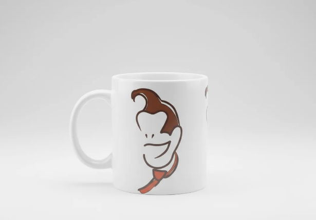 Detalle diseño taza Reino Champiñón con champiñón retro dibujado a mano en cerámica