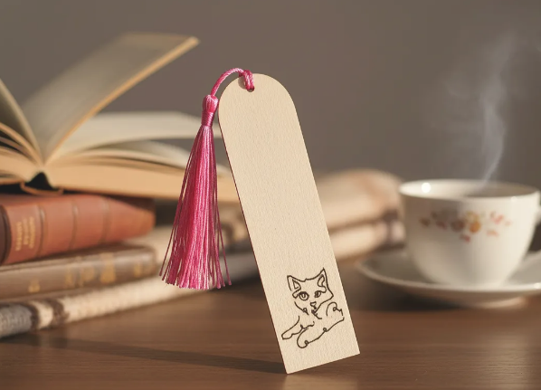 Marcapáginas de madera artesanal con ilustración emocional, vista lateral – SerViArte
