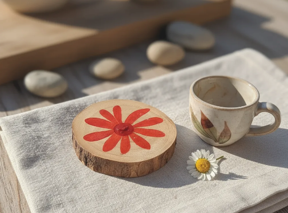 Posavasos Trama Viva con flores silvestres dibujadas sobre madera natural – SerViArte
