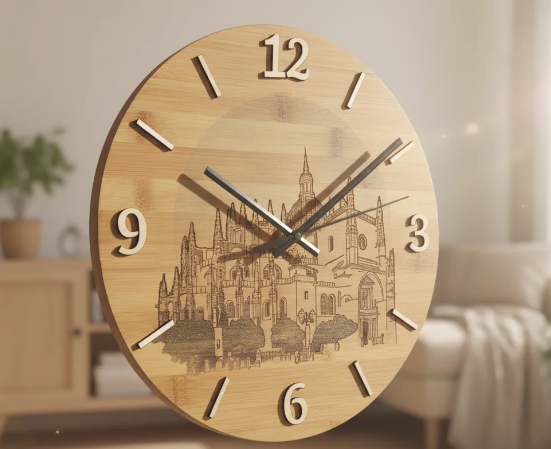 Reloj artesanal de bambú con ilustración de monumentos de Segovia a mano