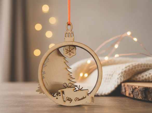 Adorno navideño 3D de madera pintado a mano sobre fondo oscuro – SerViArte Segovia