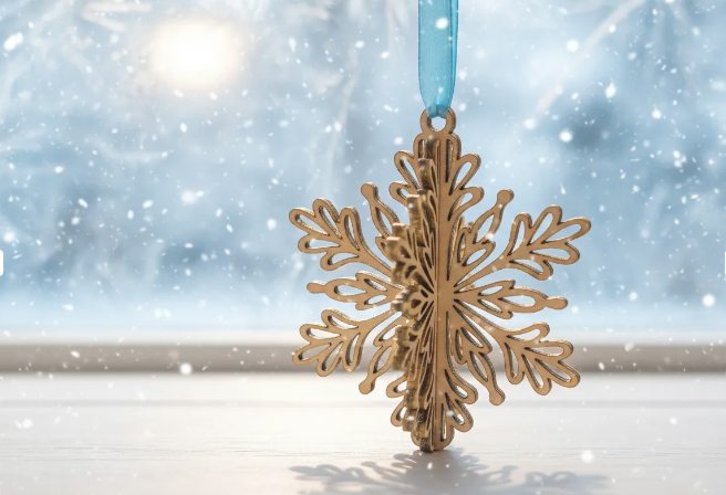 Copo de nieve artesanal de madera vista lateral, detalle navideño SerViArte Segovia