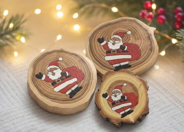 Posavasos Magia Navideña con Papá Noel artesanales en madera pintados a mano
