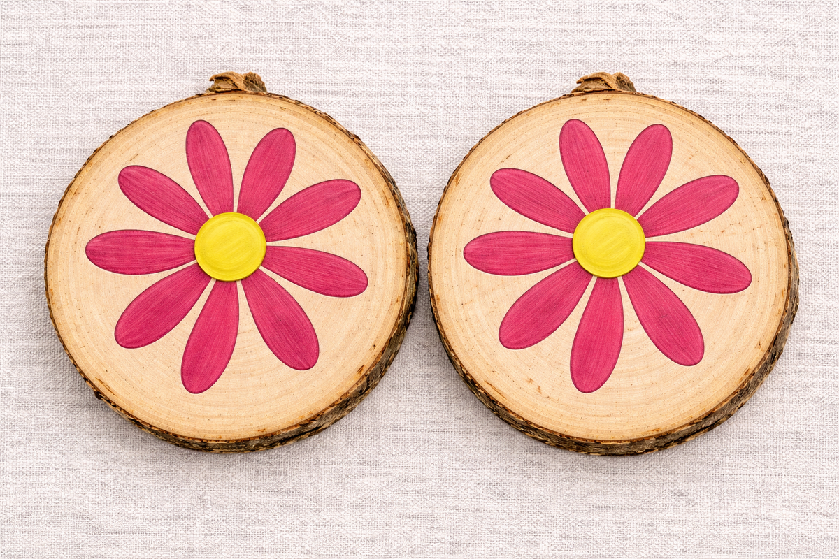 Pack posavasos Trama Viva sobre mesa con flores ilustradas a mano en madera artesanal