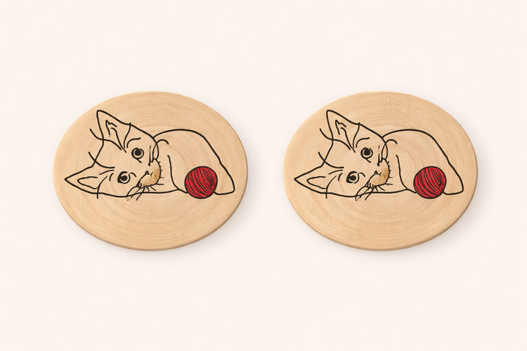 Pack de 2 posavasos Juego Felino con ovillo rojo artesanales en madera pintados a mano