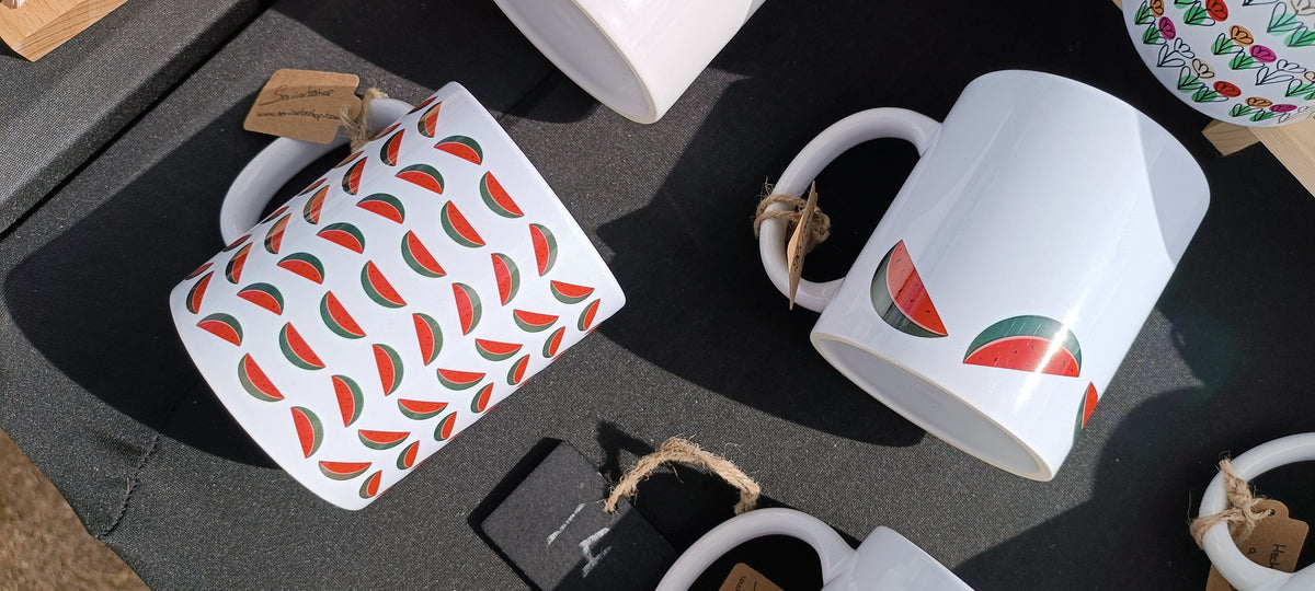 Colección tazas Paraíso con ilustraciones frutales artesanales – SerViArte Segovia