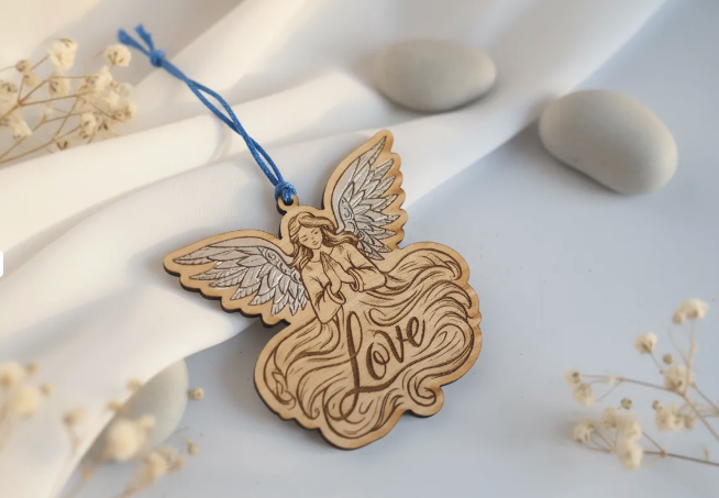 angel con purpurina y frase love, adorno decorativo navideño para el arbol de navidad