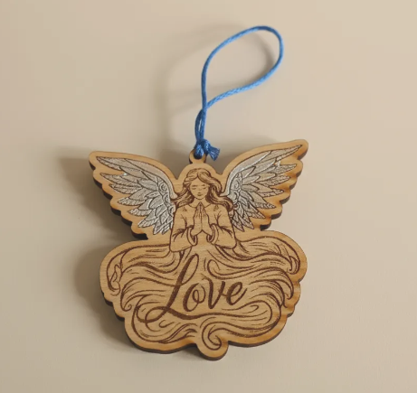 angel con palabra escrita "Love" pintado a mano con purpurina, para el arbol de navidad