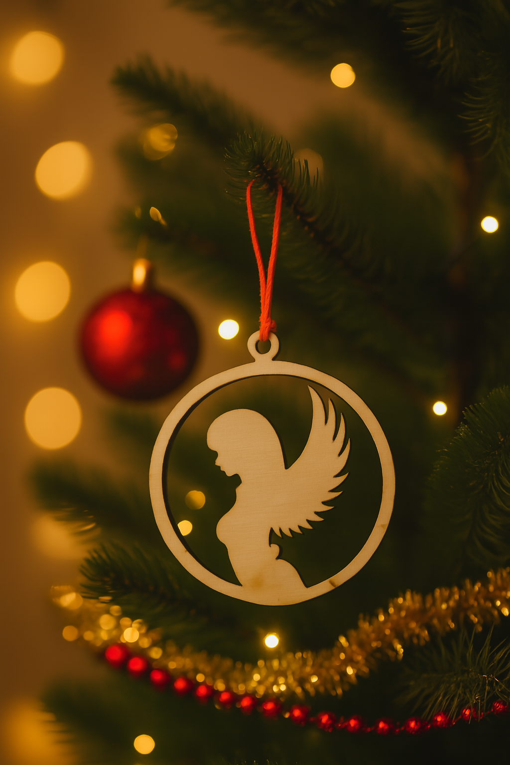 adorno navidad mujer con alas colgado de un arbol de navidad cortado a laser