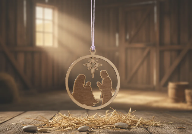 belen bola de navidad para colocar en el arbol, adorno decorativo navideño con maria jose y el niño jesus en la cuna y una estrella arriba de el, adorno para el arbol de navidad
