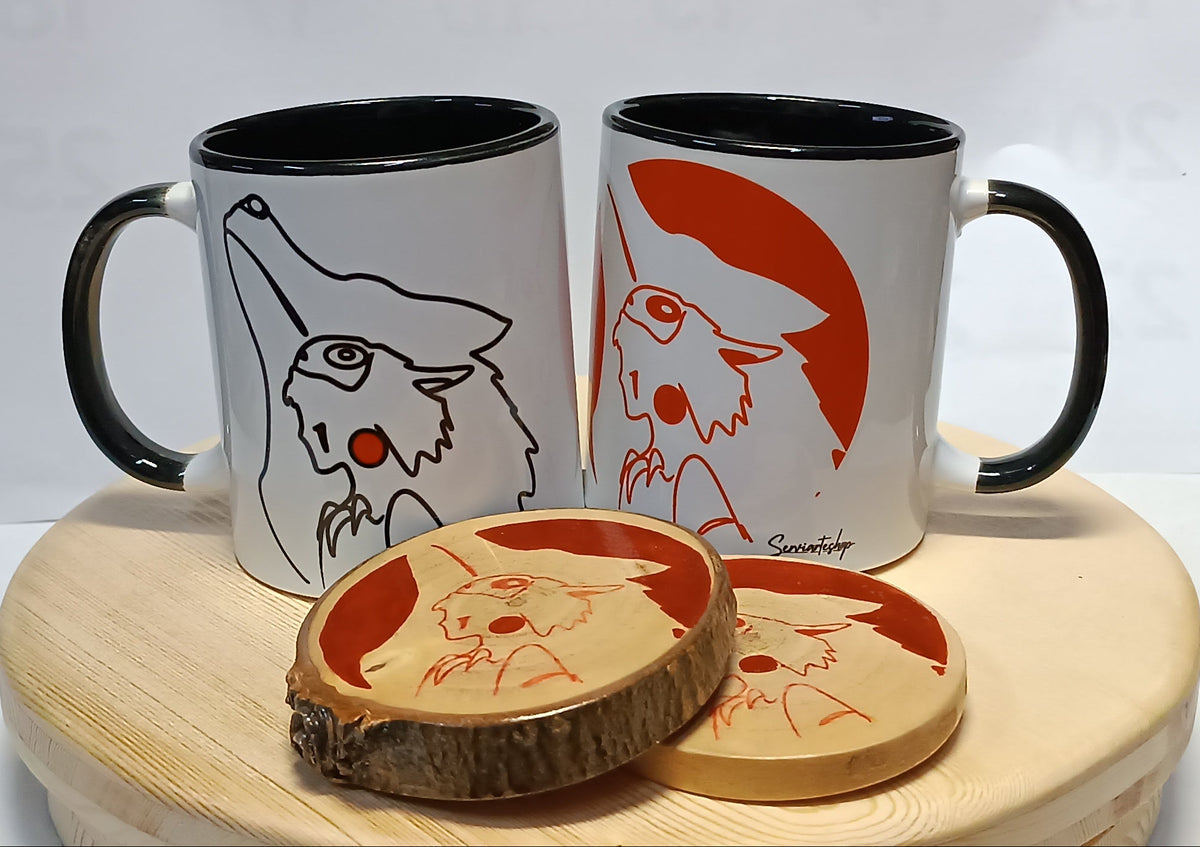 Pack ritual 2 tazas y 2 posavasos Esencia del Bosque ilustraciones estilo Mononoke