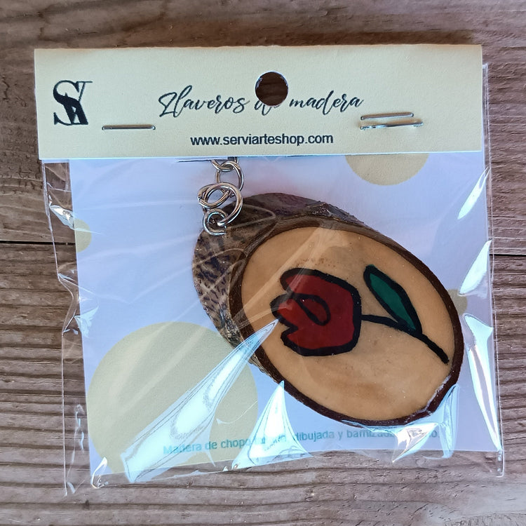 Llavero de madera natural con diseño de planta dibujado a mano – SerViArte Segovia