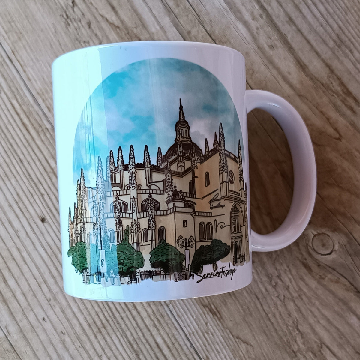 Taza Historias con Alma con Catedral de Segovia dibujada a mano en cerámica
